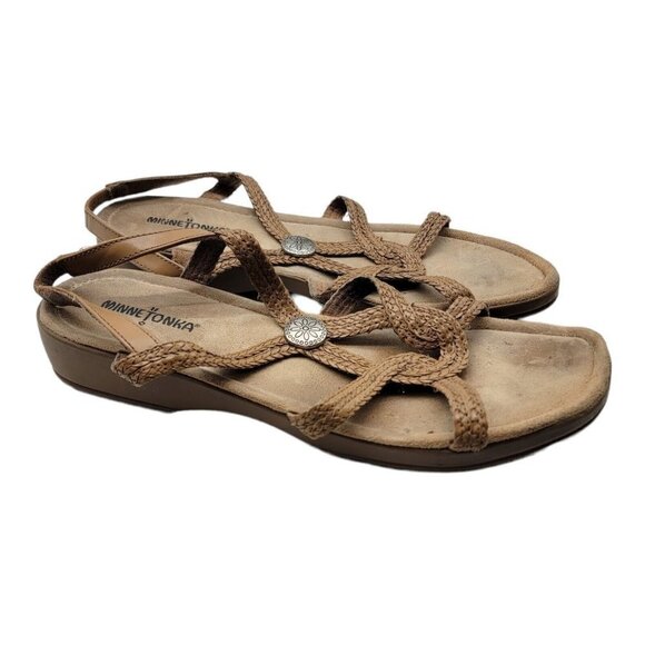 Minnetonka Brown Leather Braided Sandals Metal Decor Womens Size 12 - Picture 1 of 7